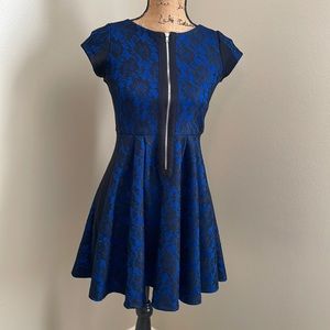 Girls’ party dress. Royal blue with black lace floral-pattered overly, Size 14